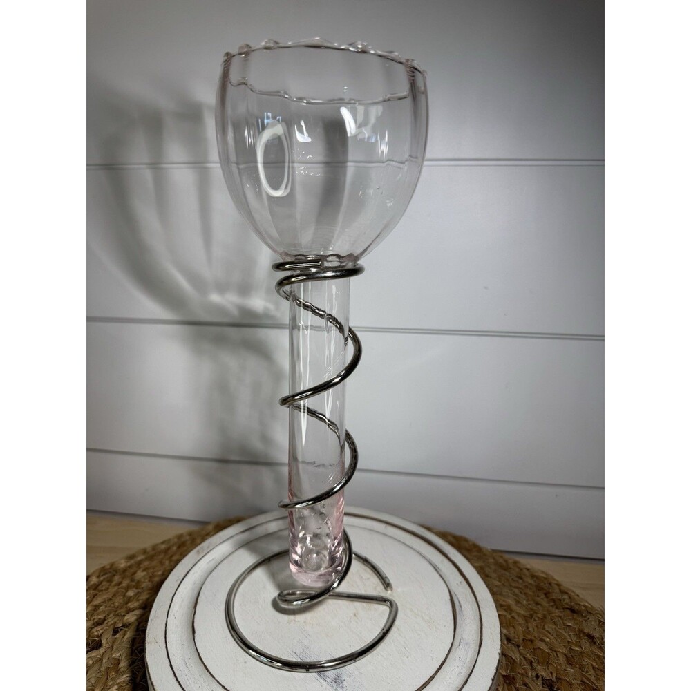 VTG Pink Glass Coiled Metal Stand Candle Holder Vase